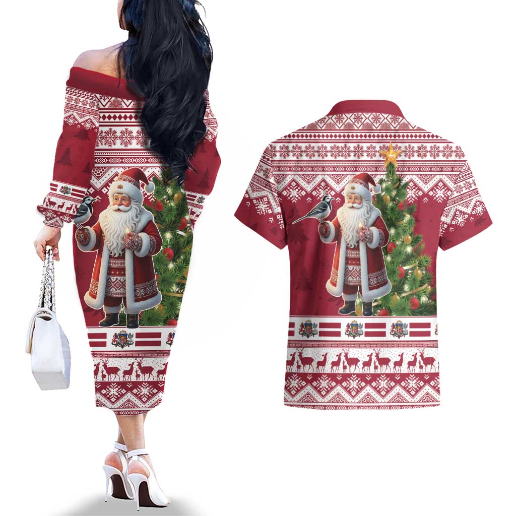 Latvia Christmas Couples Matching Off The Shoulder Long Sleeve Dress and Hawaiian Shirt Ziemassvetku Vecitis Christmas Pattern - Wonder Print Shop