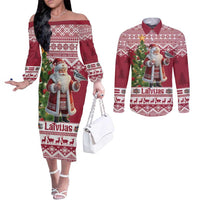 Latvia Christmas Couples Matching Off The Shoulder Long Sleeve Dress and Long Sleeve Button Shirt Ziemassvetku Vecitis Christmas Pattern - Wonder Print Shop