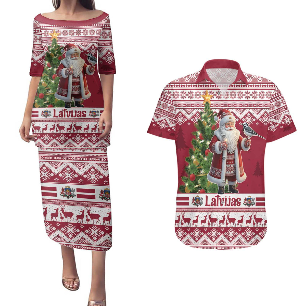 Latvia Christmas Couples Matching Puletasi and Hawaiian Shirt Ziemassvetku Vecitis Christmas Pattern - Wonder Print Shop