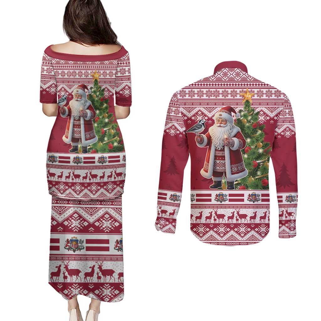 Latvia Christmas Couples Matching Puletasi and Long Sleeve Button Shirt Ziemassvetku Vecitis Christmas Pattern - Wonder Print Shop