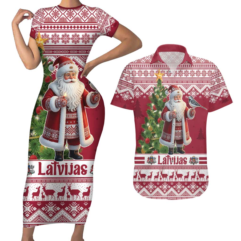 Latvia Christmas Couples Matching Short Sleeve Bodycon Dress and Hawaiian Shirt Ziemassvetku Vecitis Christmas Pattern - Wonder Print Shop