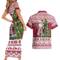 Latvia Christmas Couples Matching Short Sleeve Bodycon Dress and Hawaiian Shirt Ziemassvetku Vecitis Christmas Pattern - Wonder Print Shop