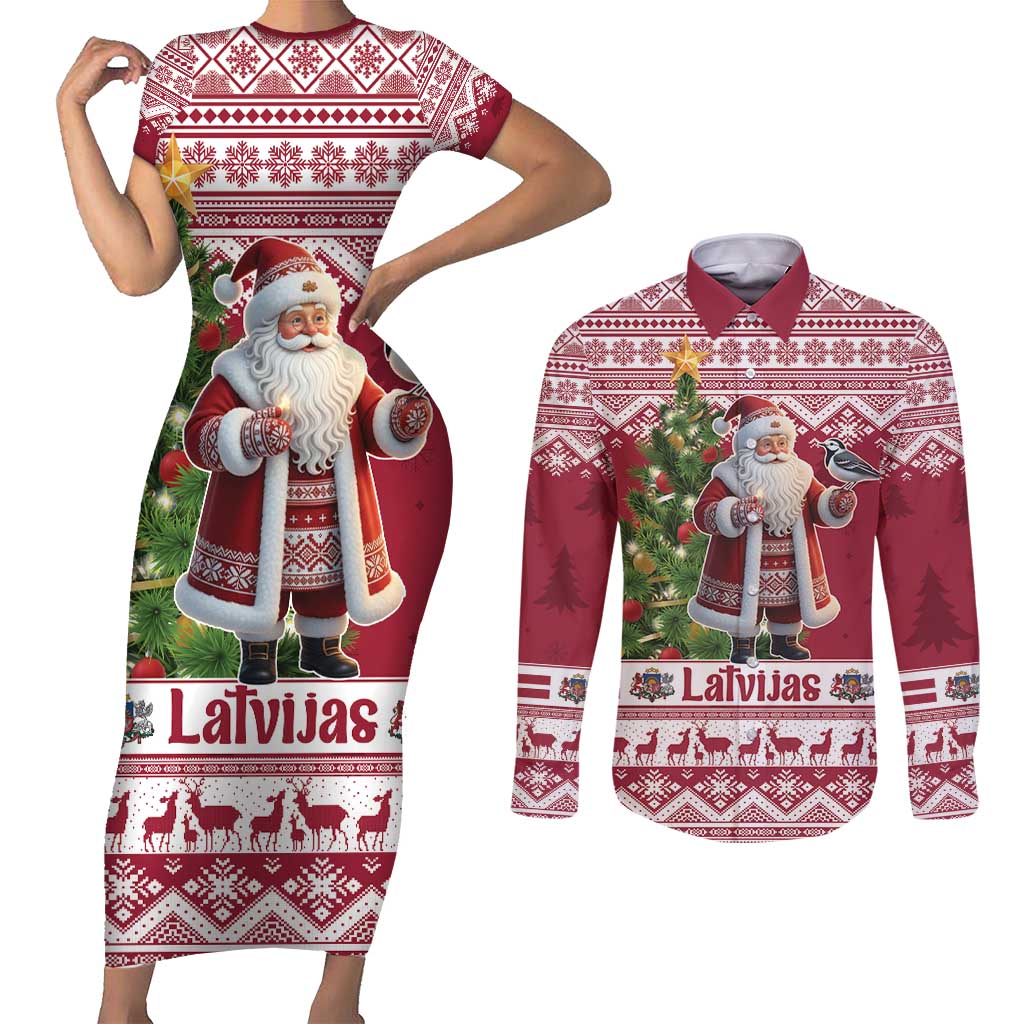 Latvia Christmas Couples Matching Short Sleeve Bodycon Dress and Long Sleeve Button Shirt Ziemassvetku Vecitis Christmas Pattern - Wonder Print Shop