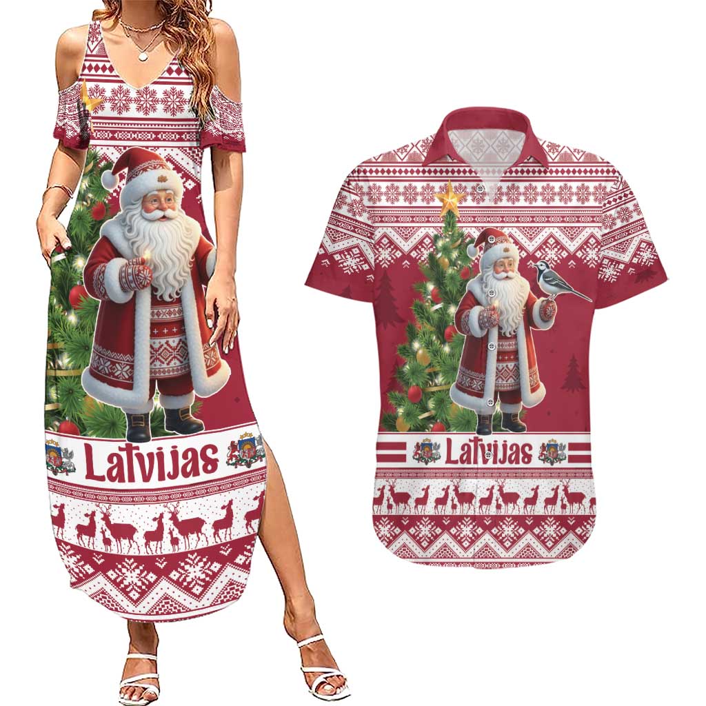 Latvia Christmas Couples Matching Summer Maxi Dress and Hawaiian Shirt Ziemassvetku Vecitis Christmas Pattern - Wonder Print Shop