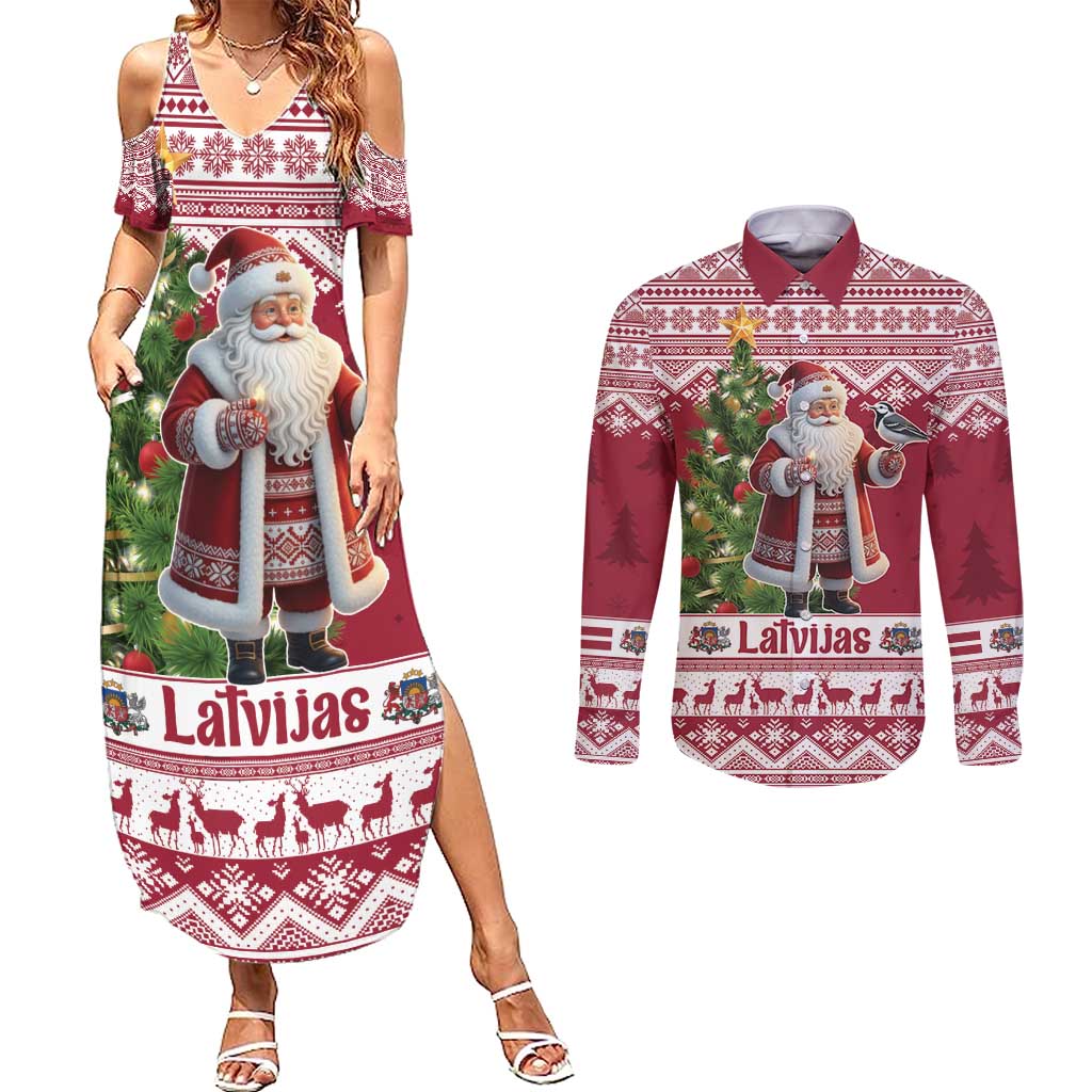 Latvia Christmas Couples Matching Summer Maxi Dress and Long Sleeve Button Shirt Ziemassvetku Vecitis Christmas Pattern - Wonder Print Shop