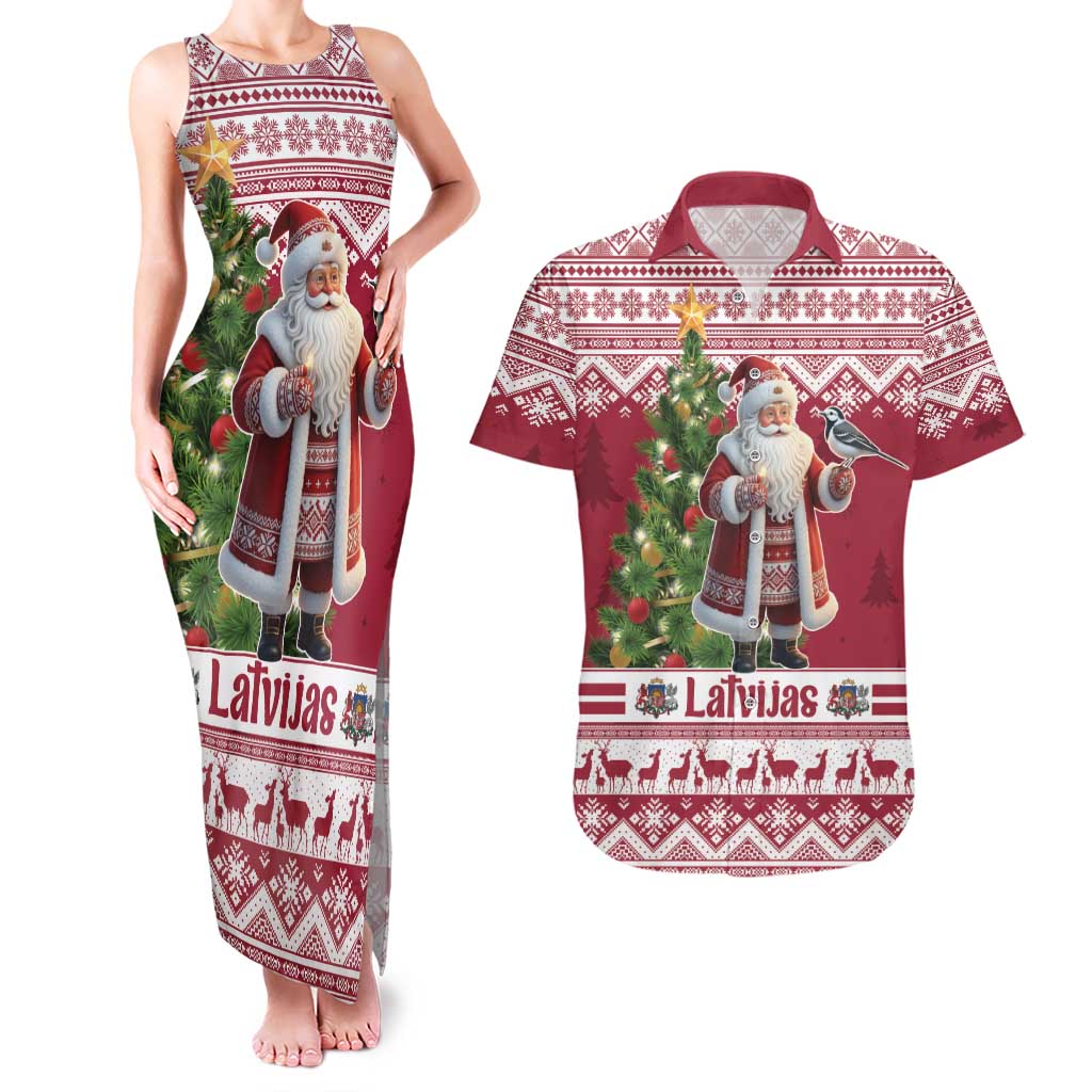 Latvia Christmas Couples Matching Tank Maxi Dress and Hawaiian Shirt Ziemassvetku Vecitis Christmas Pattern - Wonder Print Shop