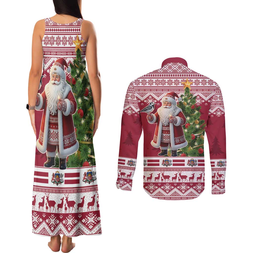 Latvia Christmas Couples Matching Tank Maxi Dress and Long Sleeve Button Shirt Ziemassvetku Vecitis Christmas Pattern - Wonder Print Shop