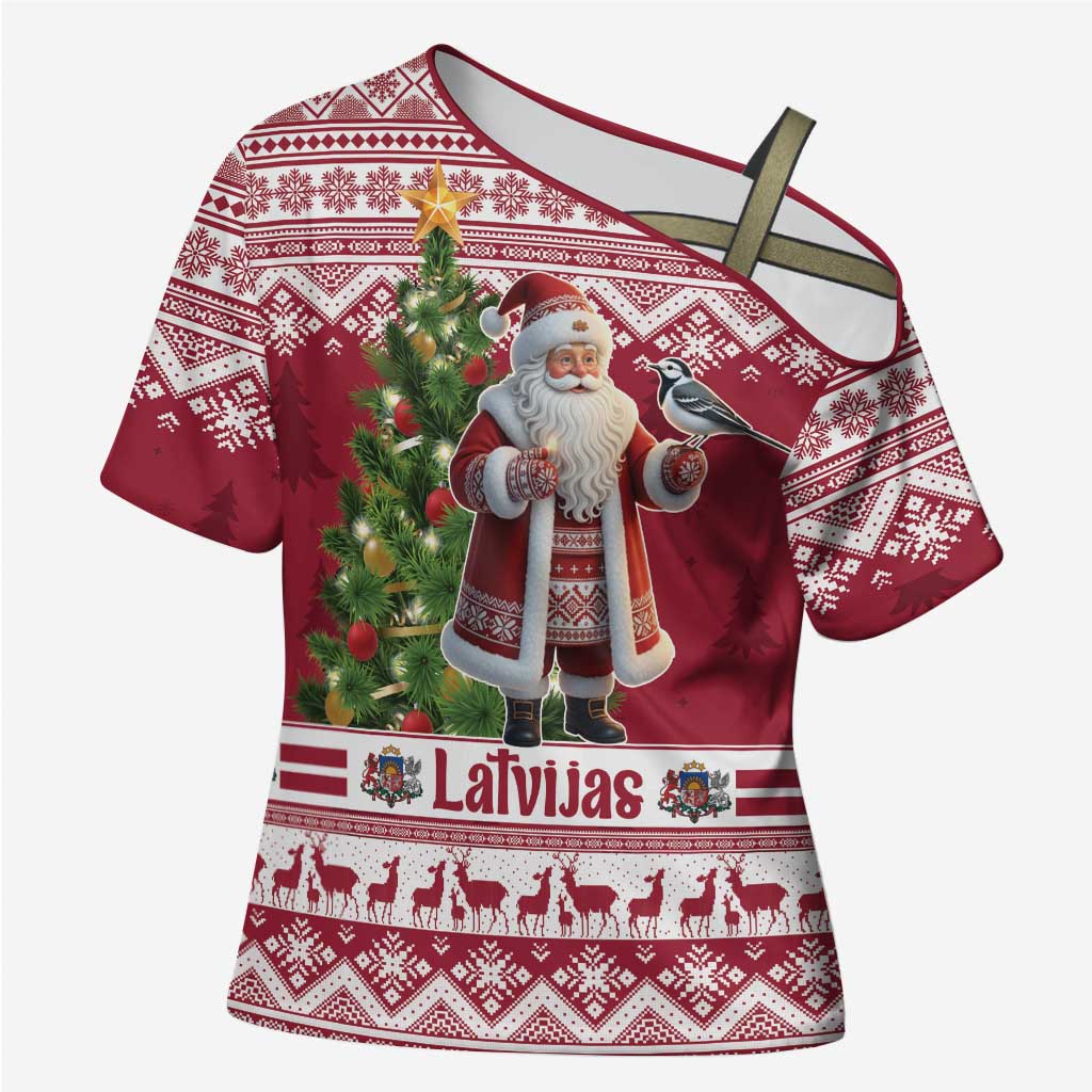 Latvia Christmas Cross Shoulder Shirt Ziemassvetku Vecitis Christmas Pattern - Wonder Print Shop