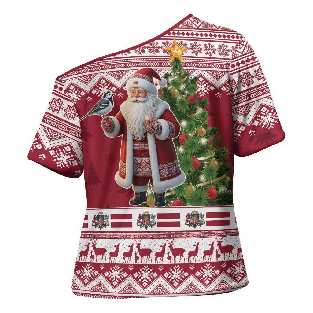 Latvia Christmas Cross Shoulder Shirt Ziemassvetku Vecitis Christmas Pattern - Wonder Print Shop