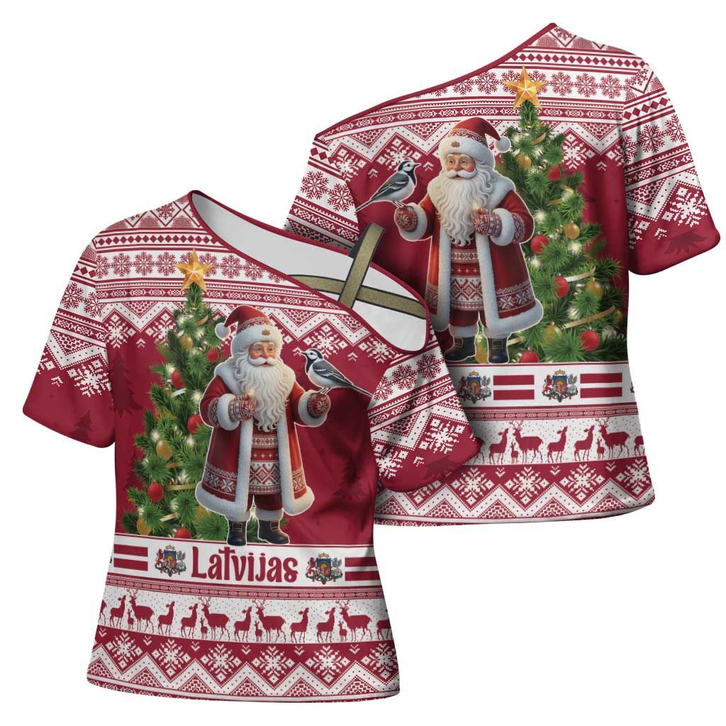 Latvia Christmas Cross Shoulder Shirt Ziemassvetku Vecitis Christmas Pattern - Wonder Print Shop