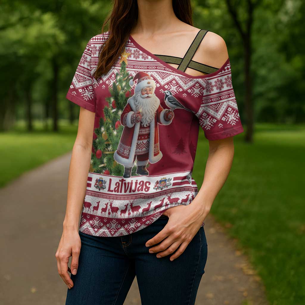Latvia Christmas Cross Shoulder Shirt Ziemassvetku Vecitis Christmas Pattern - Wonder Print Shop
