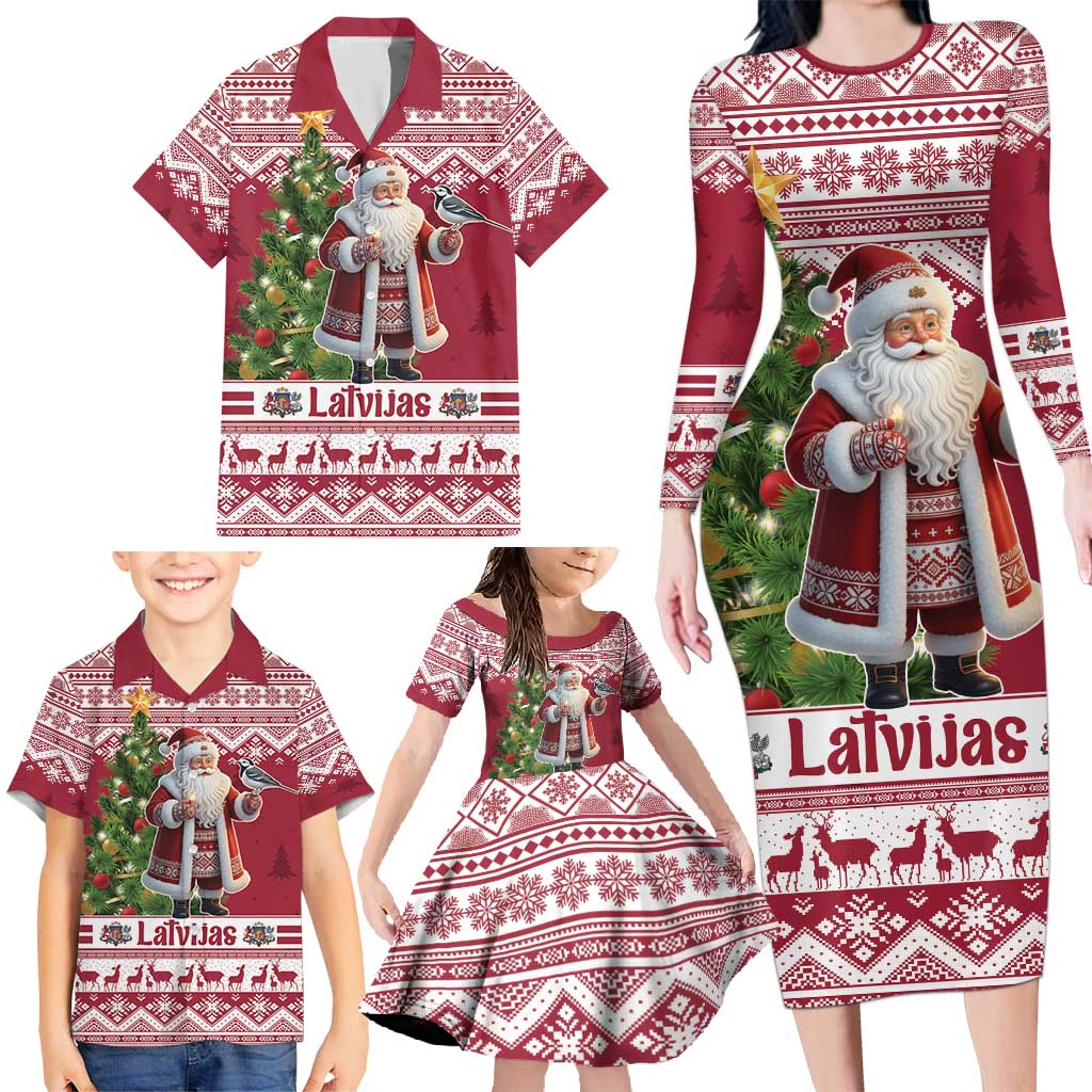 Latvia Christmas Family Matching Long Sleeve Bodycon Dress and Hawaiian Shirt Ziemassvetku Vecitis Christmas Pattern - Wonder Print Shop