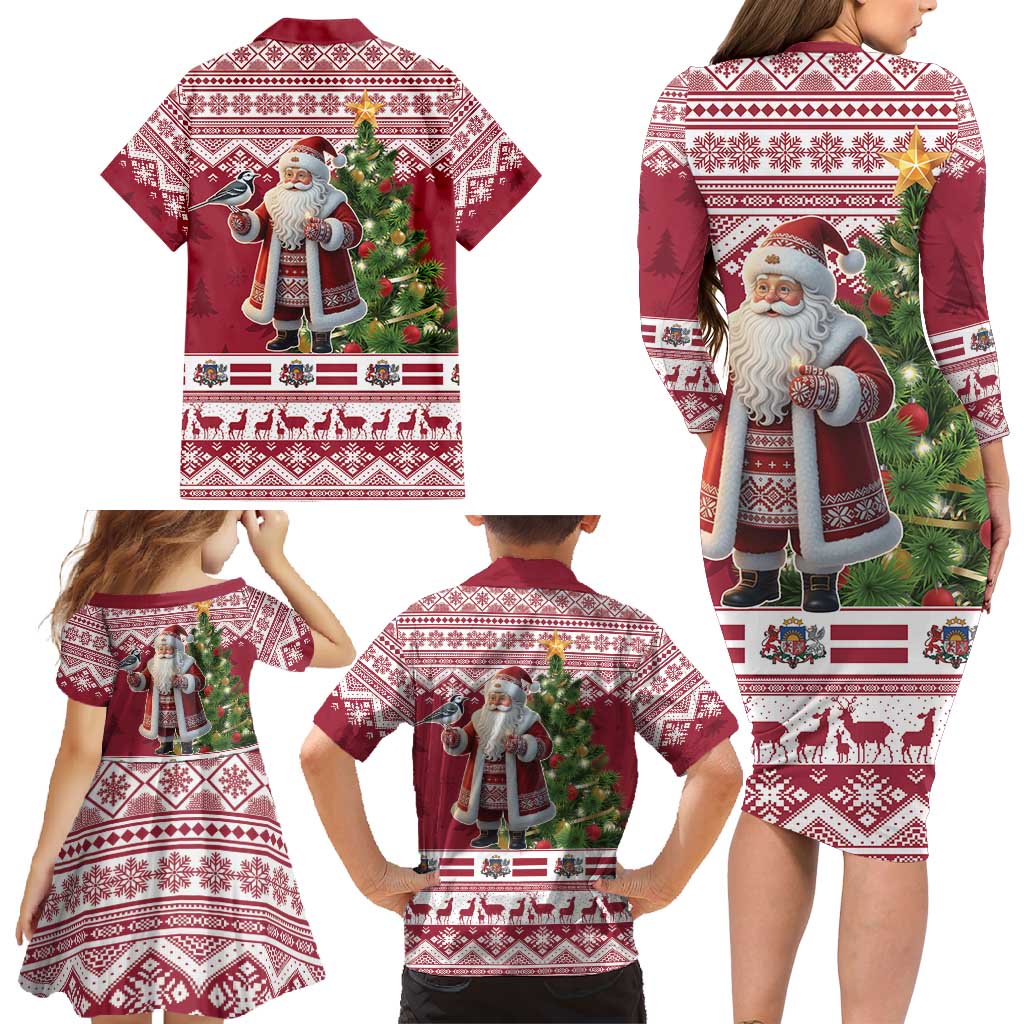 Latvia Christmas Family Matching Long Sleeve Bodycon Dress and Hawaiian Shirt Ziemassvetku Vecitis Christmas Pattern - Wonder Print Shop