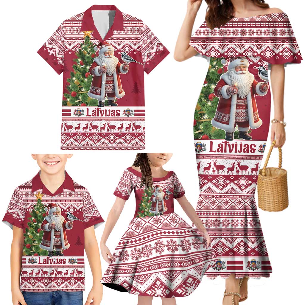 Latvia Christmas Family Matching Mermaid Dress and Hawaiian Shirt Ziemassvetku Vecitis Christmas Pattern - Wonder Print Shop