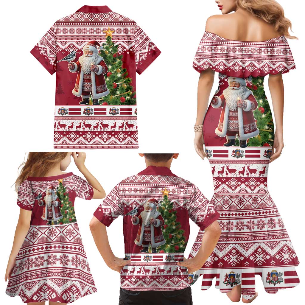 Latvia Christmas Family Matching Mermaid Dress and Hawaiian Shirt Ziemassvetku Vecitis Christmas Pattern - Wonder Print Shop