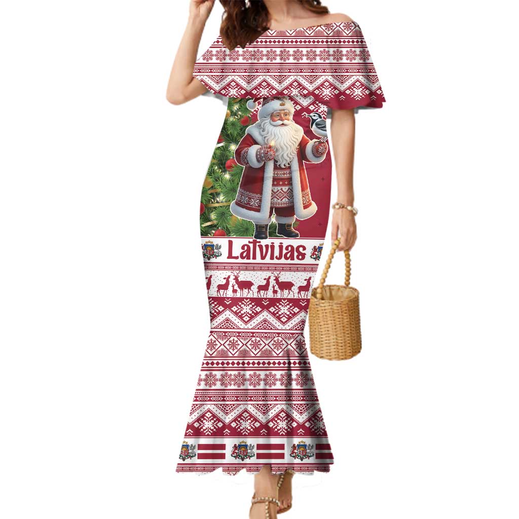 Latvia Christmas Family Matching Mermaid Dress and Hawaiian Shirt Ziemassvetku Vecitis Christmas Pattern - Wonder Print Shop