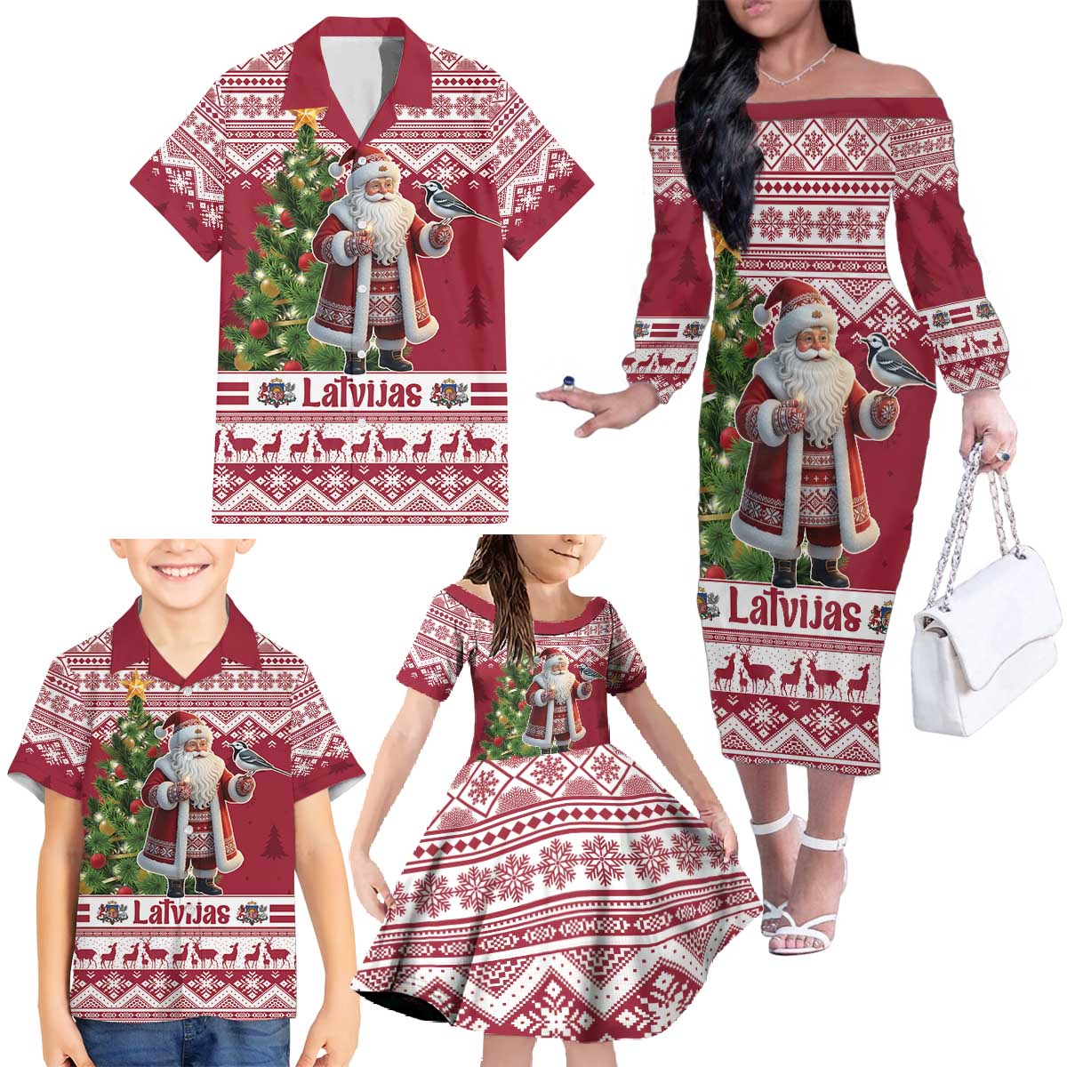 Latvia Christmas Family Matching Off The Shoulder Long Sleeve Dress and Hawaiian Shirt Ziemassvetku Vecitis Christmas Pattern - Wonder Print Shop