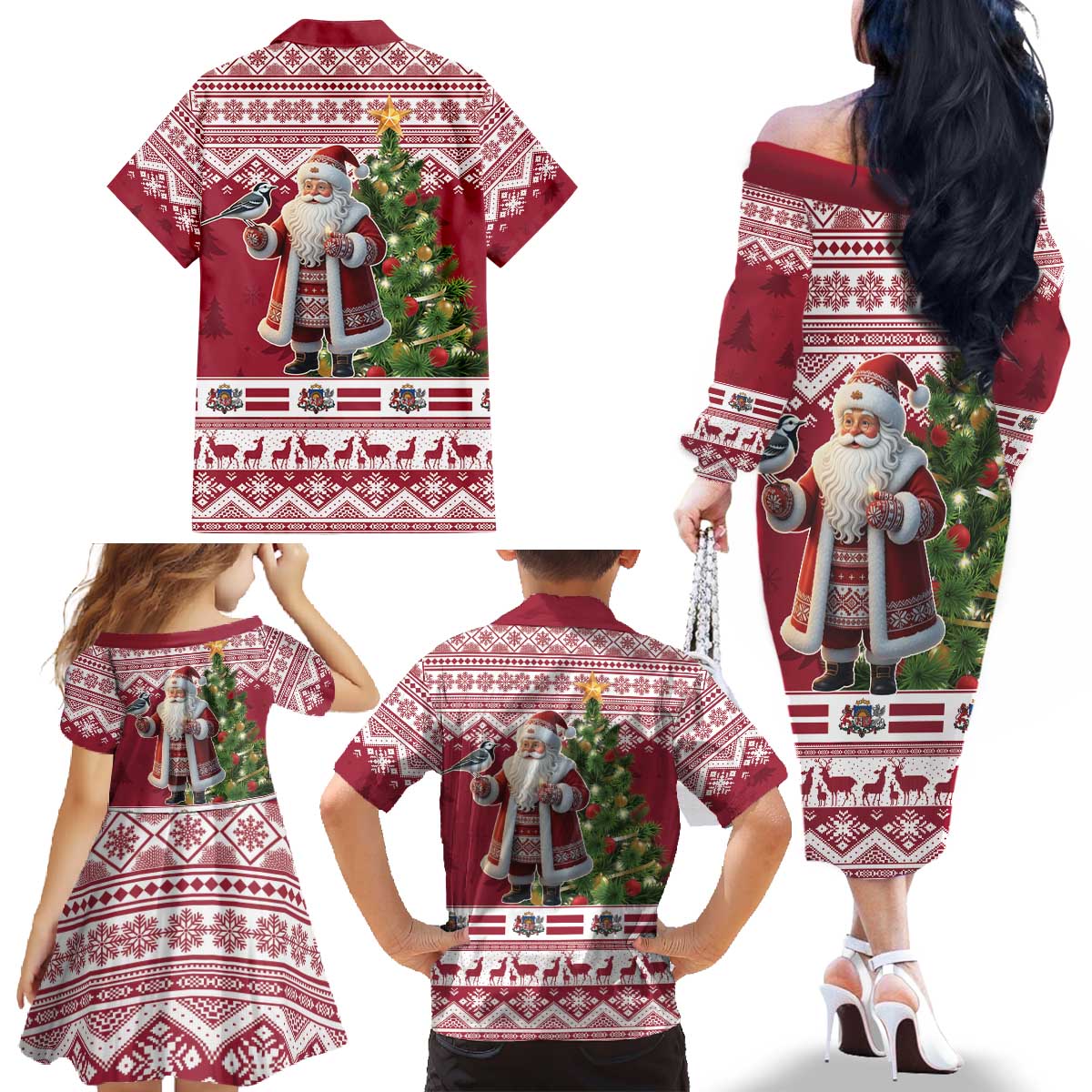 Latvia Christmas Family Matching Off The Shoulder Long Sleeve Dress and Hawaiian Shirt Ziemassvetku Vecitis Christmas Pattern - Wonder Print Shop