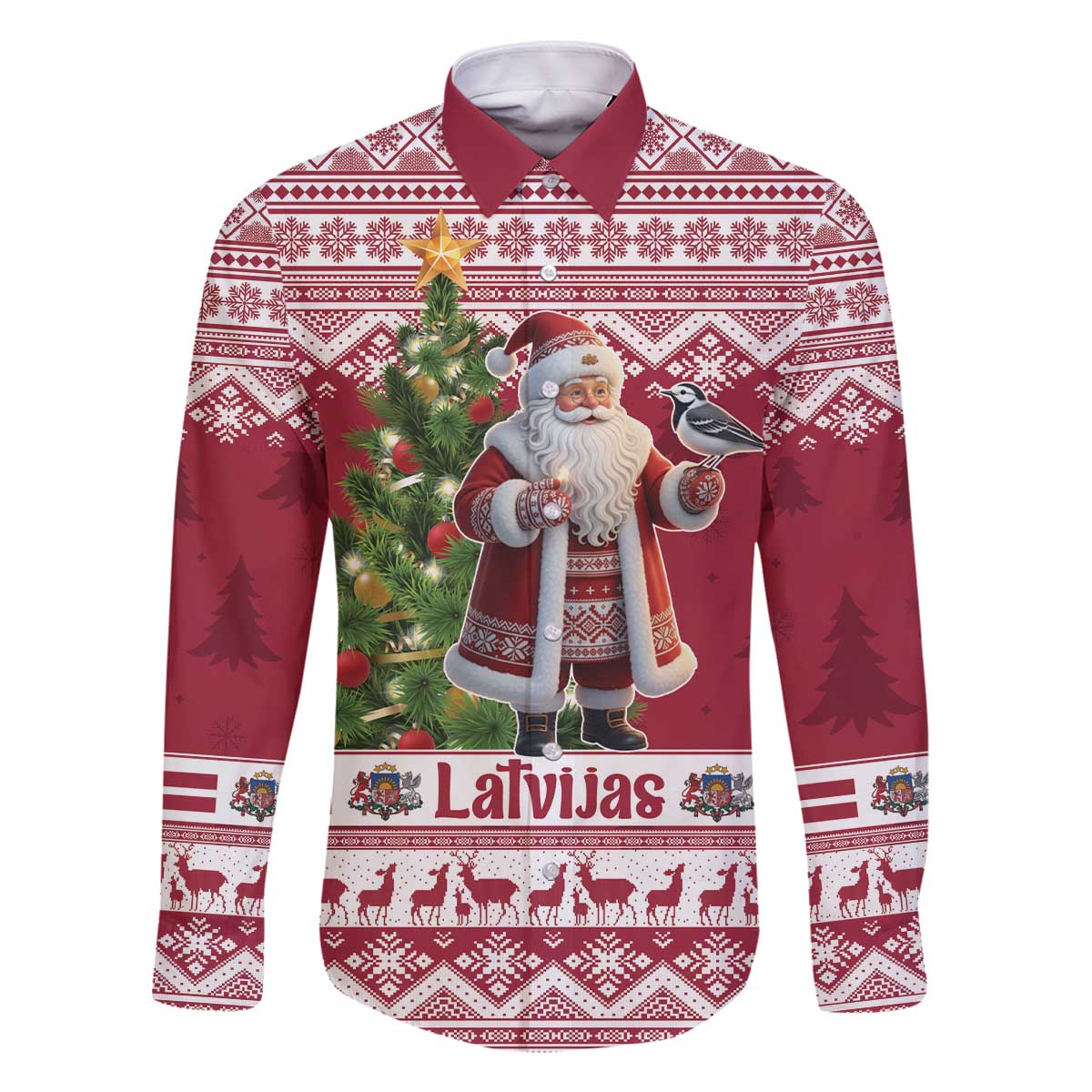 Latvia Christmas Family Matching Off The Shoulder Long Sleeve Dress and Hawaiian Shirt Ziemassvetku Vecitis Christmas Pattern - Wonder Print Shop