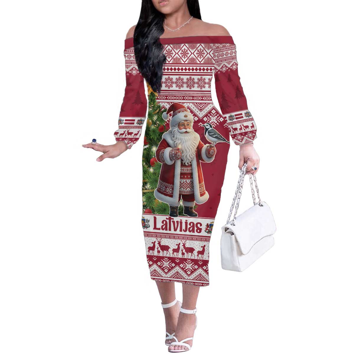 Latvia Christmas Family Matching Off The Shoulder Long Sleeve Dress and Hawaiian Shirt Ziemassvetku Vecitis Christmas Pattern - Wonder Print Shop