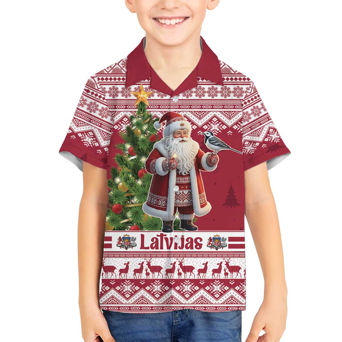 Latvia Christmas Family Matching Off The Shoulder Long Sleeve Dress and Hawaiian Shirt Ziemassvetku Vecitis Christmas Pattern - Wonder Print Shop