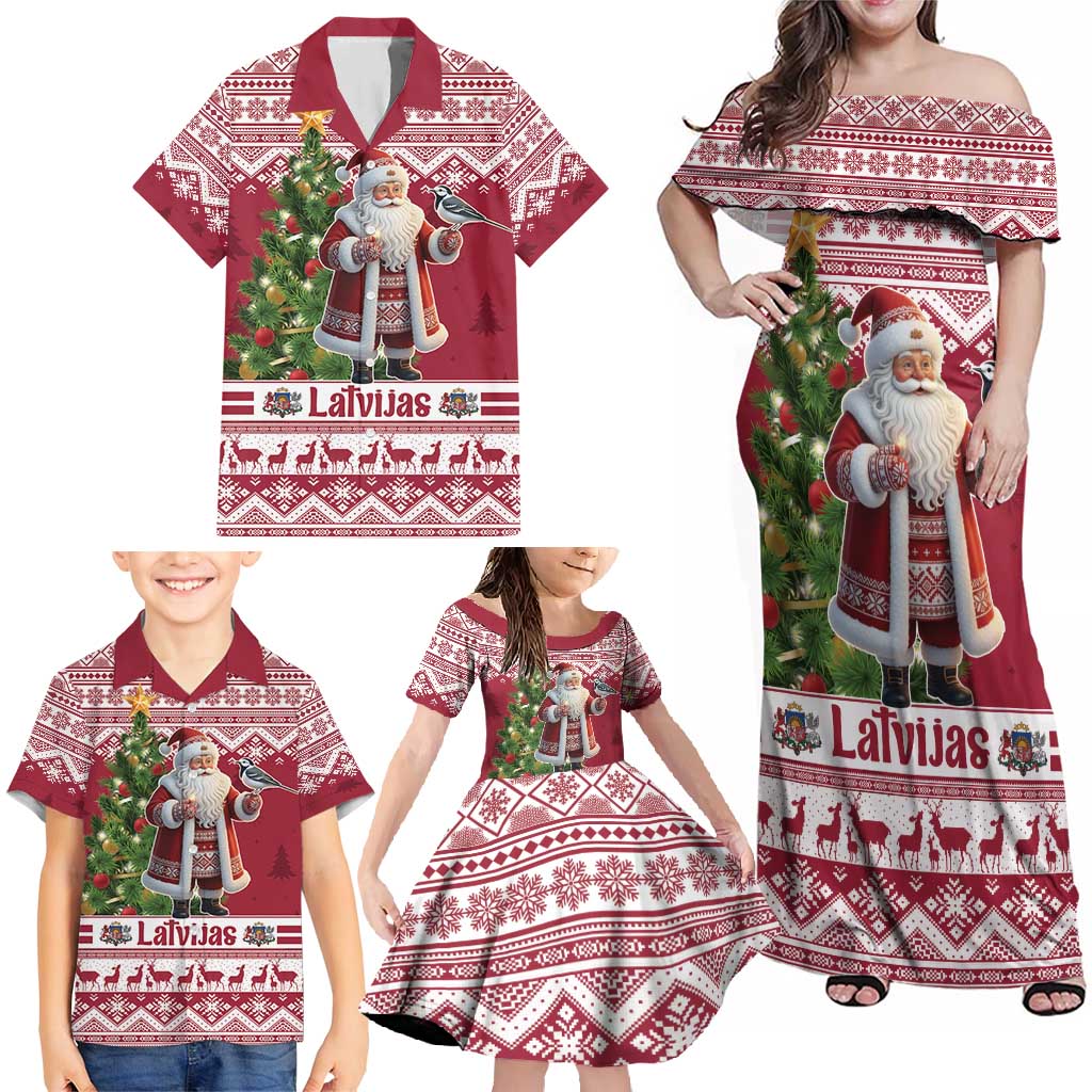 Latvia Christmas Family Matching Off Shoulder Maxi Dress and Hawaiian Shirt Ziemassvetku Vecitis Christmas Pattern - Wonder Print Shop