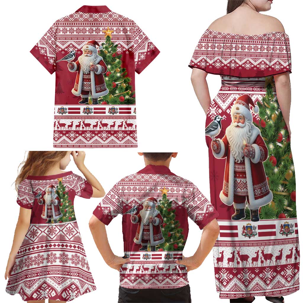 Latvia Christmas Family Matching Off Shoulder Maxi Dress and Hawaiian Shirt Ziemassvetku Vecitis Christmas Pattern - Wonder Print Shop
