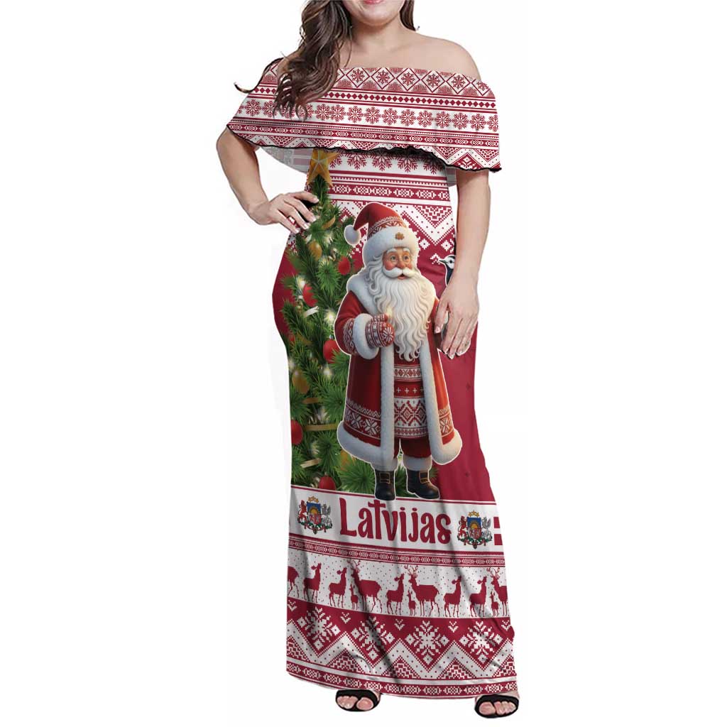 Latvia Christmas Family Matching Off Shoulder Maxi Dress and Hawaiian Shirt Ziemassvetku Vecitis Christmas Pattern - Wonder Print Shop