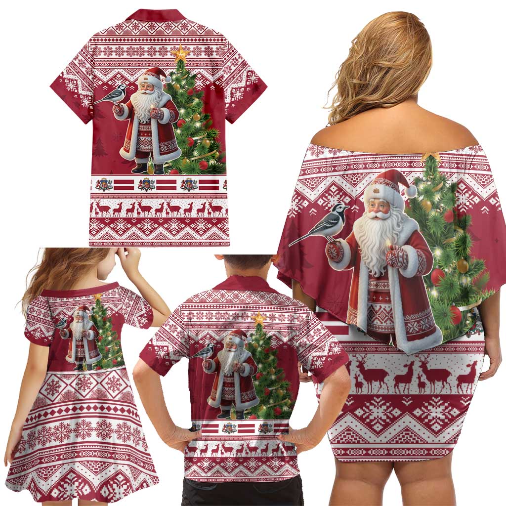 Latvia Christmas Family Matching Off Shoulder Short Dress and Hawaiian Shirt Ziemassvetku Vecitis Christmas Pattern - Wonder Print Shop