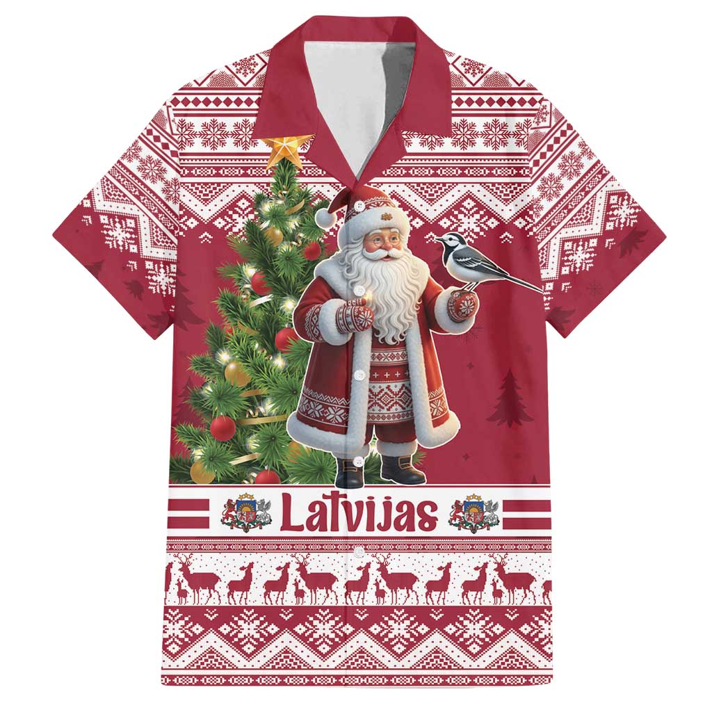 Latvia Christmas Family Matching Off Shoulder Short Dress and Hawaiian Shirt Ziemassvetku Vecitis Christmas Pattern - Wonder Print Shop