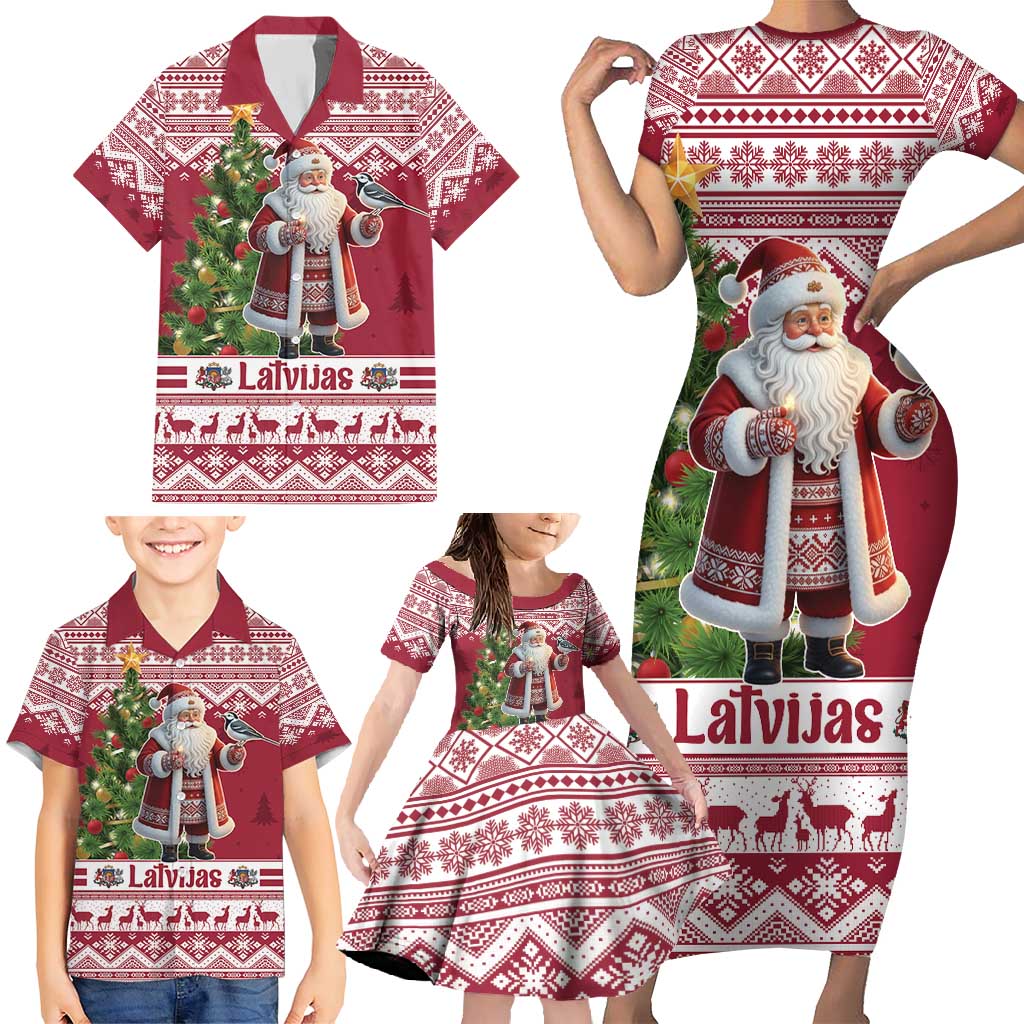 Latvia Christmas Family Matching Short Sleeve Bodycon Dress and Hawaiian Shirt Ziemassvetku Vecitis Christmas Pattern - Wonder Print Shop