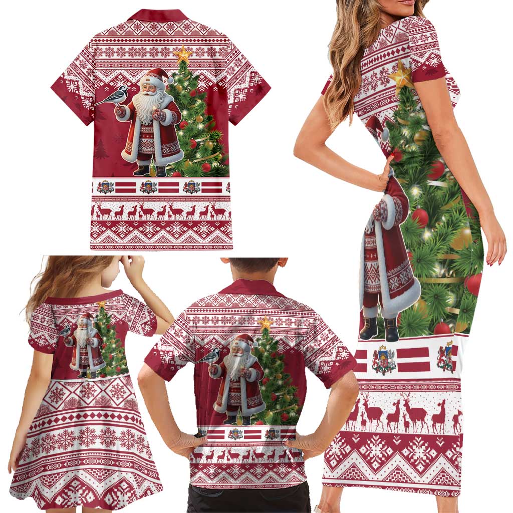 Latvia Christmas Family Matching Short Sleeve Bodycon Dress and Hawaiian Shirt Ziemassvetku Vecitis Christmas Pattern - Wonder Print Shop