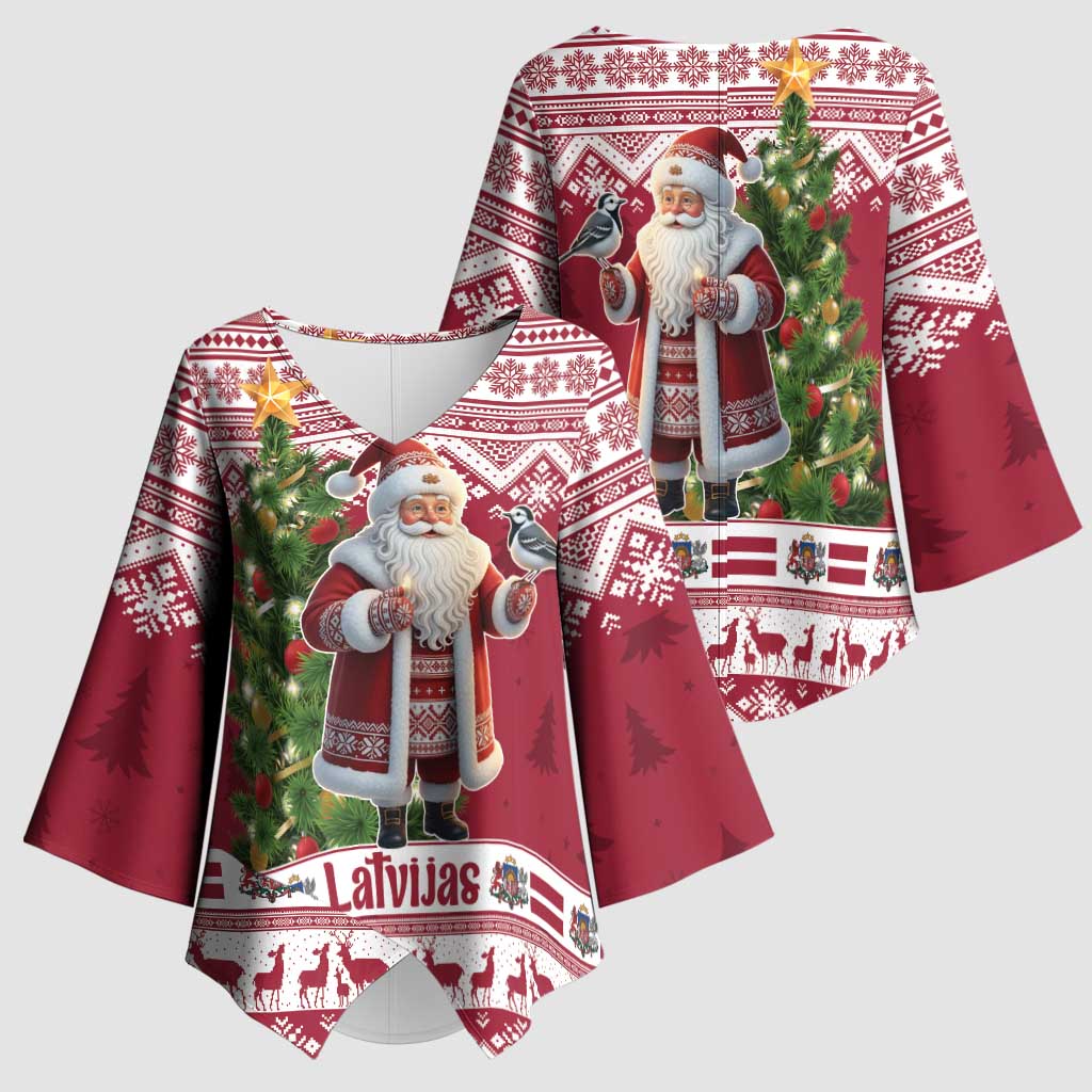 Latvia Christmas Kimono Sleeve Blouse Ziemassvetku Vecitis Christmas Pattern - Wonder Print Shop