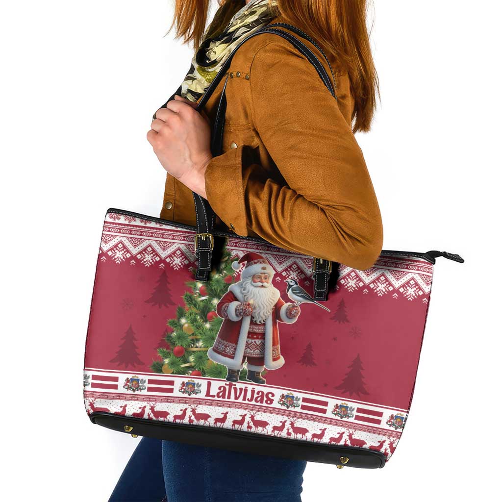 Latvia Christmas Leather Tote Bag Ziemassvetku Vecitis Christmas Pattern - Wonder Print Shop