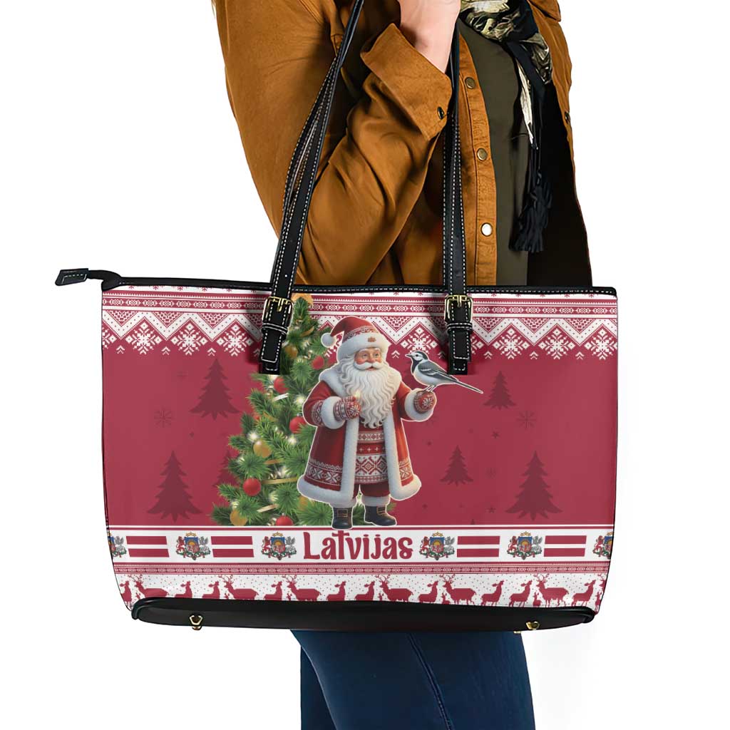 Latvia Christmas Leather Tote Bag Ziemassvetku Vecitis Christmas Pattern - Wonder Print Shop