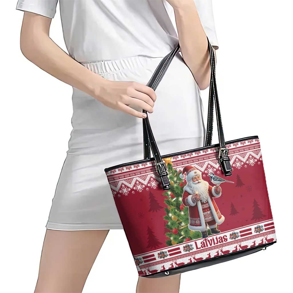 Latvia Christmas Leather Tote Bag Ziemassvetku Vecitis Christmas Pattern - Wonder Print Shop