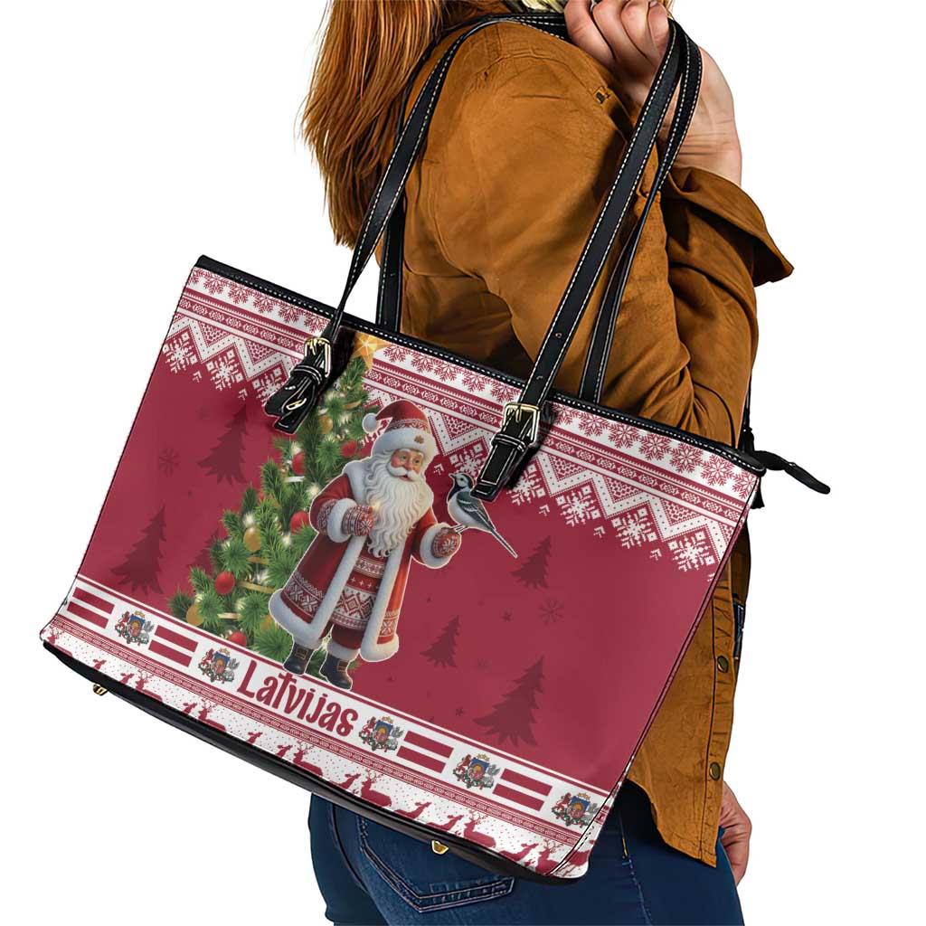 Latvia Christmas Leather Tote Bag Ziemassvetku Vecitis Christmas Pattern - Wonder Print Shop