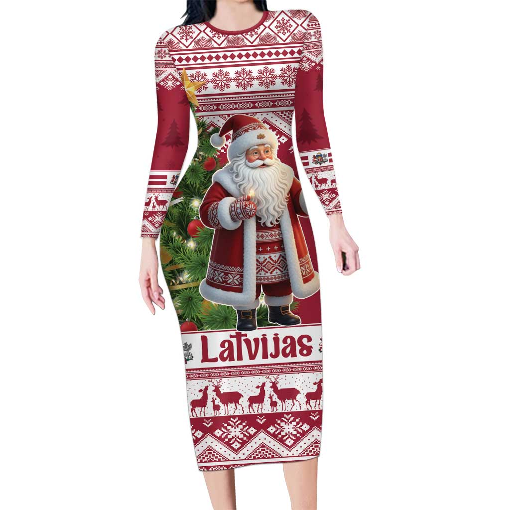 Latvia Christmas Long Sleeve Bodycon Dress Ziemassvetku Vecitis Christmas Pattern - Wonder Print Shop