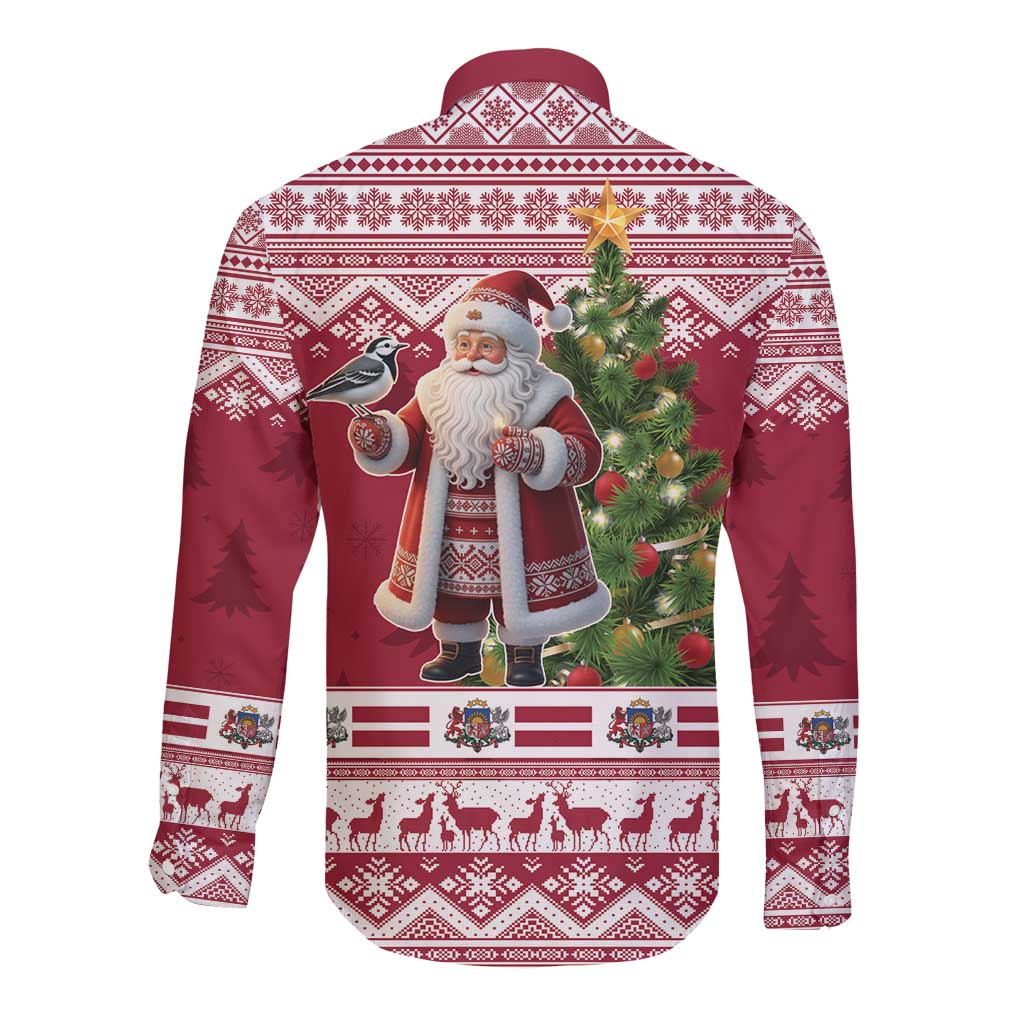 Latvia Christmas Long Sleeve Button Shirt Ziemassvetku Vecitis Christmas Pattern - Wonder Print Shop
