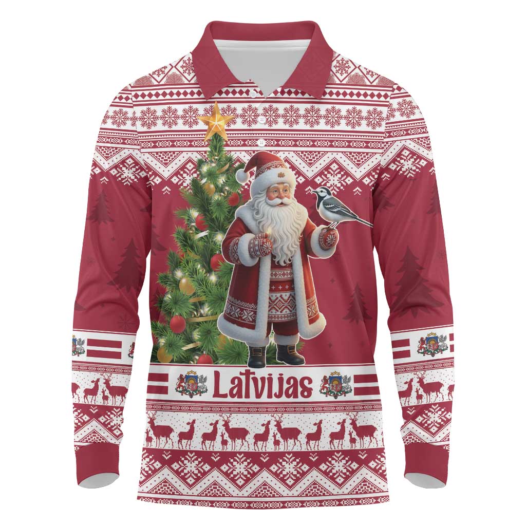 Latvia Christmas Long Sleeve Polo Shirt Ziemassvetku Vecitis Christmas Pattern - Wonder Print Shop