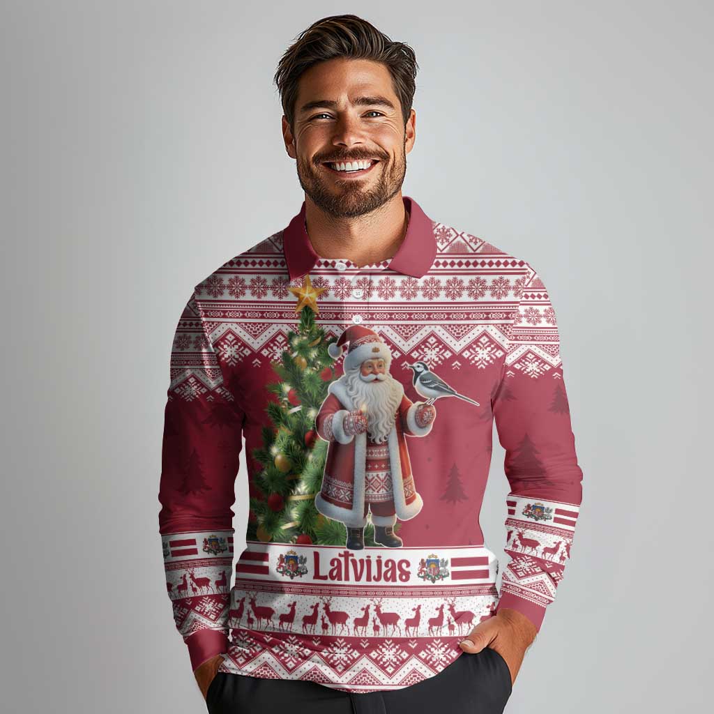 Latvia Christmas Long Sleeve Polo Shirt Ziemassvetku Vecitis Christmas Pattern - Wonder Print Shop