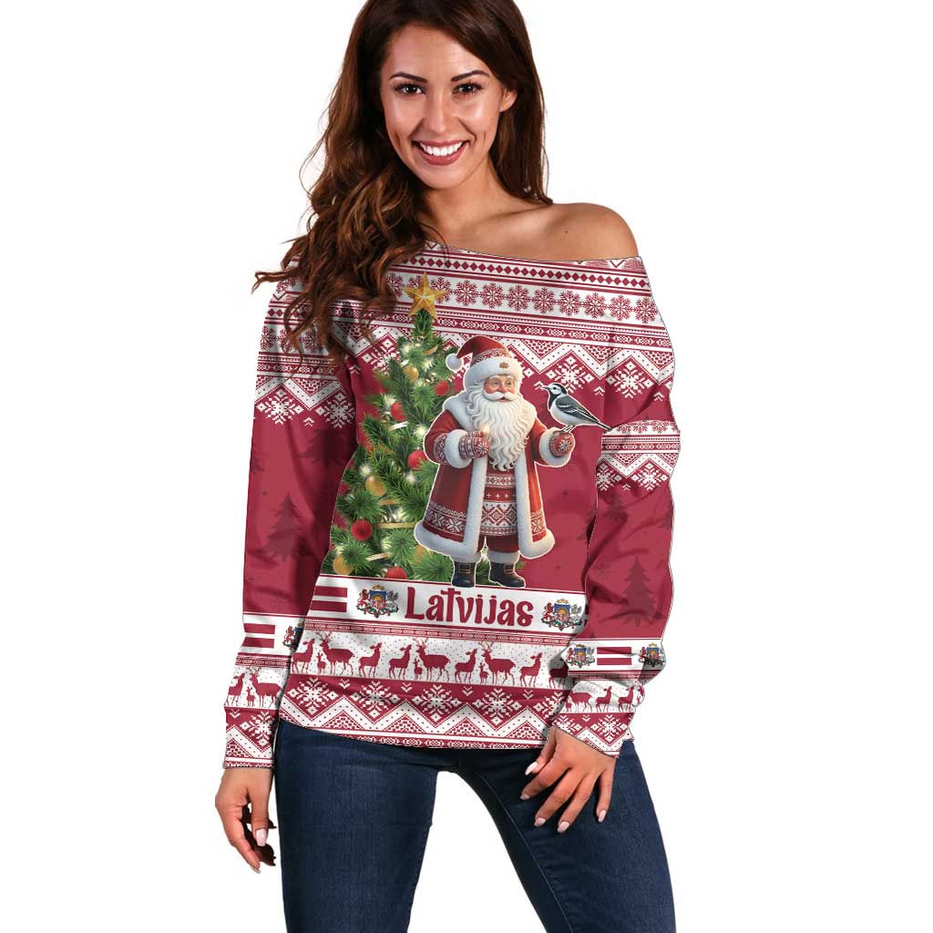 Latvia Christmas Off Shoulder Sweater Ziemassvetku Vecitis Christmas Pattern - Wonder Print Shop