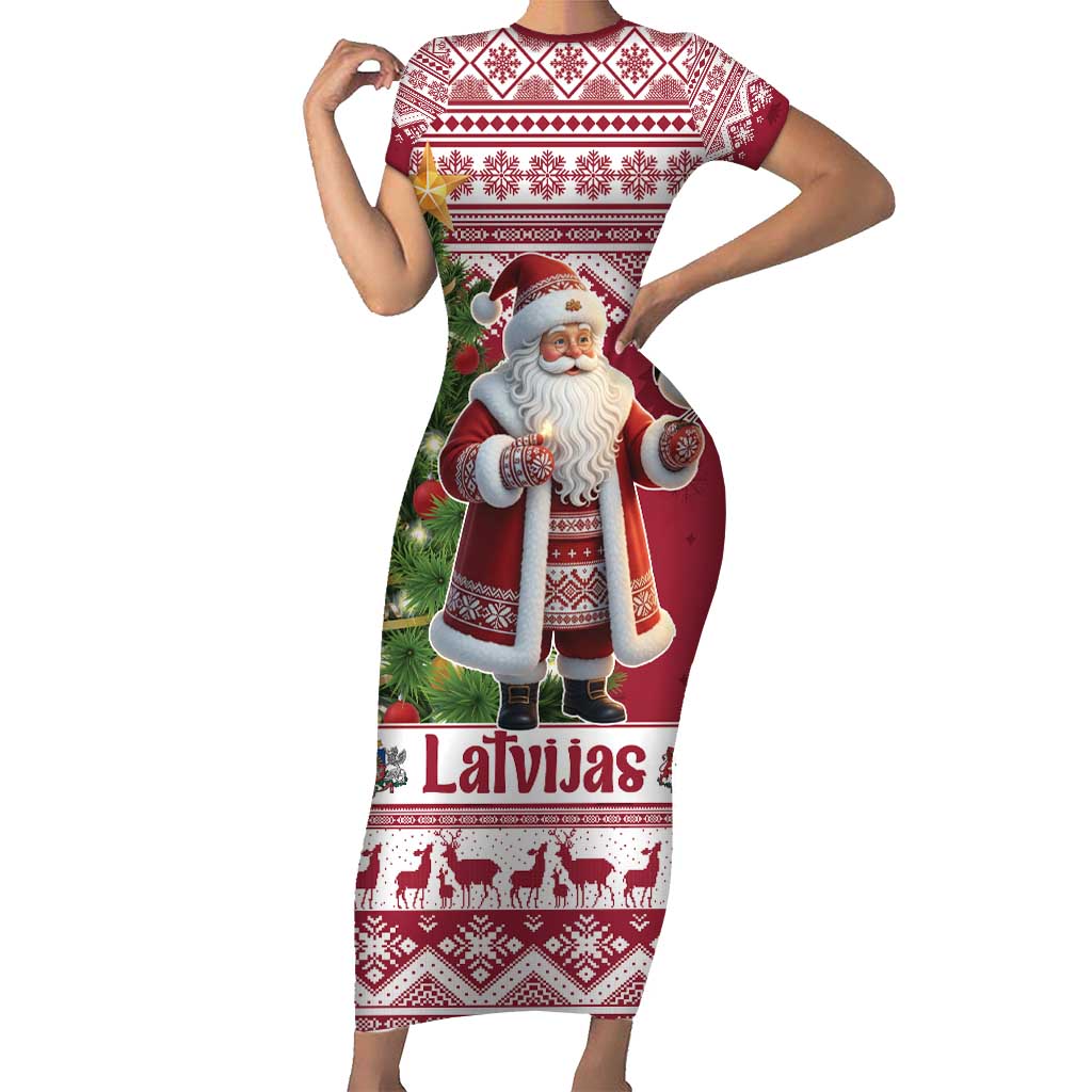 Latvia Christmas Short Sleeve Bodycon Dress Ziemassvetku Vecitis Christmas Pattern - Wonder Print Shop