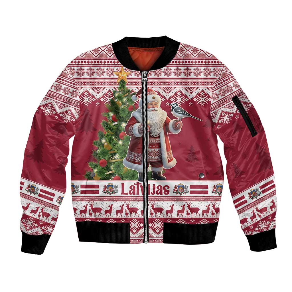 Latvia Christmas Sleeve Zip Bomber Jacket Ziemassvetku Vecitis Christmas Pattern - Wonder Print Shop