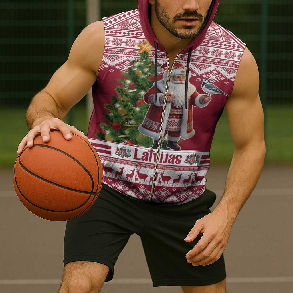 Latvia Christmas Sleeveless Zip Hoodie Ziemassvetku Vecitis Christmas Pattern - Wonder Print Shop