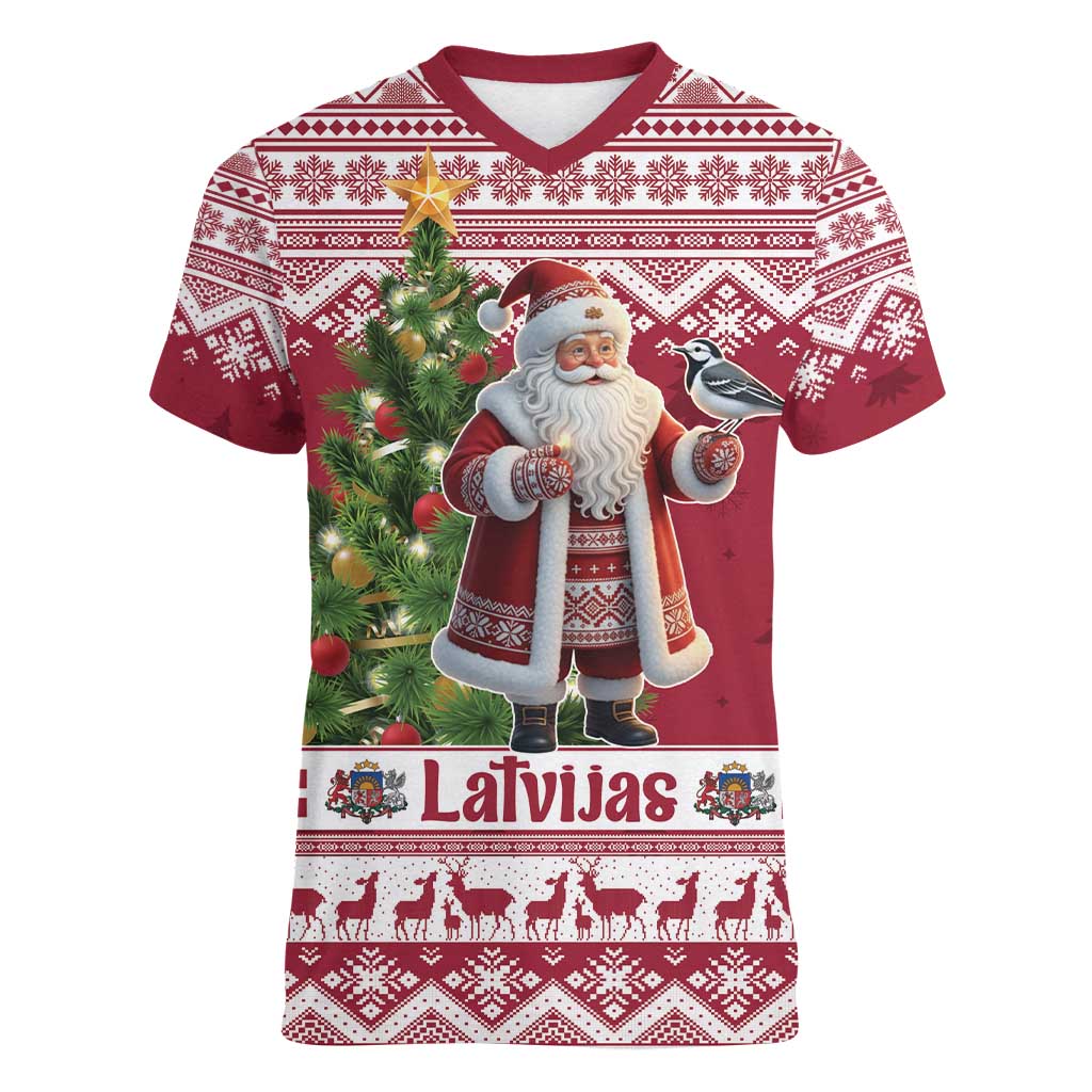 Latvia Christmas Women V-Neck T-Shirt Ziemassvetku Vecitis Christmas Pattern - Wonder Print Shop