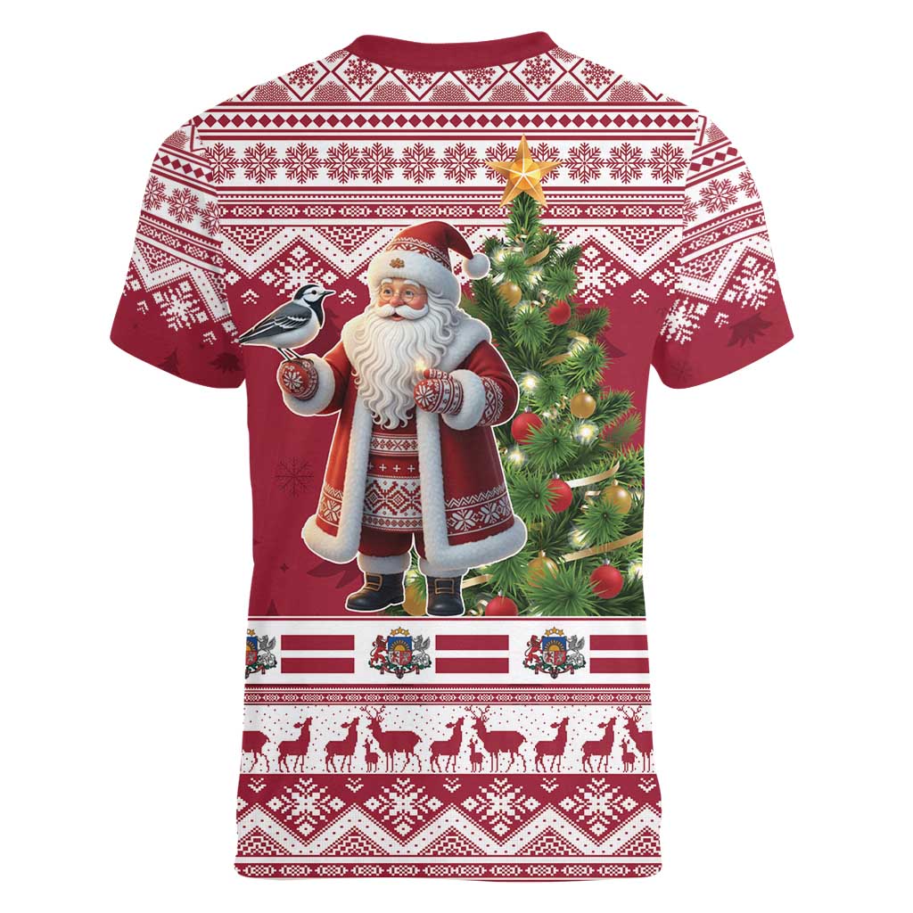 Latvia Christmas Women V-Neck T-Shirt Ziemassvetku Vecitis Christmas Pattern - Wonder Print Shop