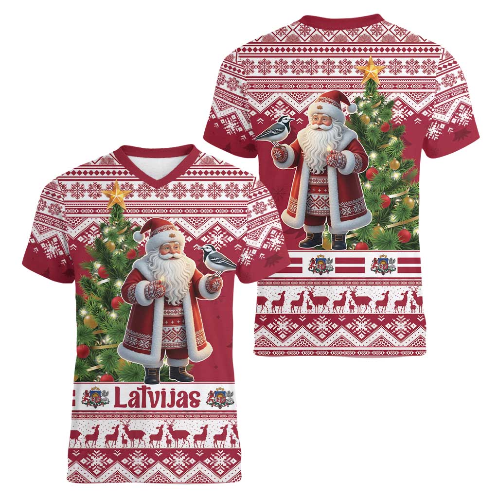 Latvia Christmas Women V-Neck T-Shirt Ziemassvetku Vecitis Christmas Pattern - Wonder Print Shop