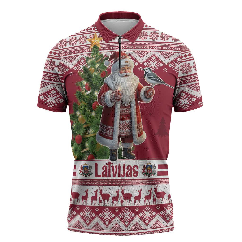 Latvia Christmas Zipper Polo Shirt Ziemassvetku Vecitis Christmas Pattern - Wonder Print Shop