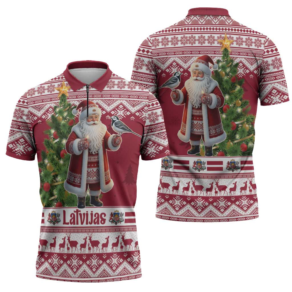 Latvia Christmas Zipper Polo Shirt Ziemassvetku Vecitis Christmas Pattern - Wonder Print Shop